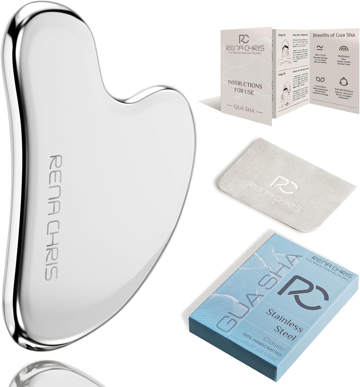 Rena Chris Gua Sha Facial Tools, Stainless Steel Guasha, Manual Back Massagers, Manual Massage Sticks for Jawline Sculpting and Puffiness Reducing, Facial and Body Massage Tool, Skin-Care Tool(Silver)