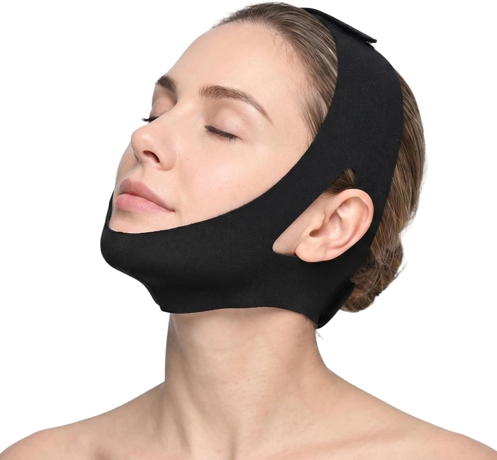 Jawline Shaper Chin Strap for Sleeping, Reusable V Line Mask for Women Face Lifting,Jaw Exerciser with Skin-Friendly Breathable Cooling Fabric, black