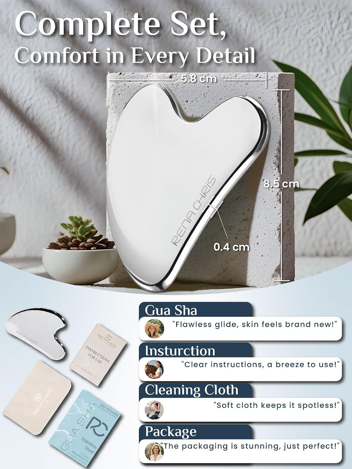 Rena Chris Gua Sha Facial Tools, Stainless Steel Guasha, Manual Back Massagers, Manual Massage Sticks for Jawline Sculpting and Puffiness Reducing, Facial and Body Massage Tool, Skin-Care Tool(Silver)