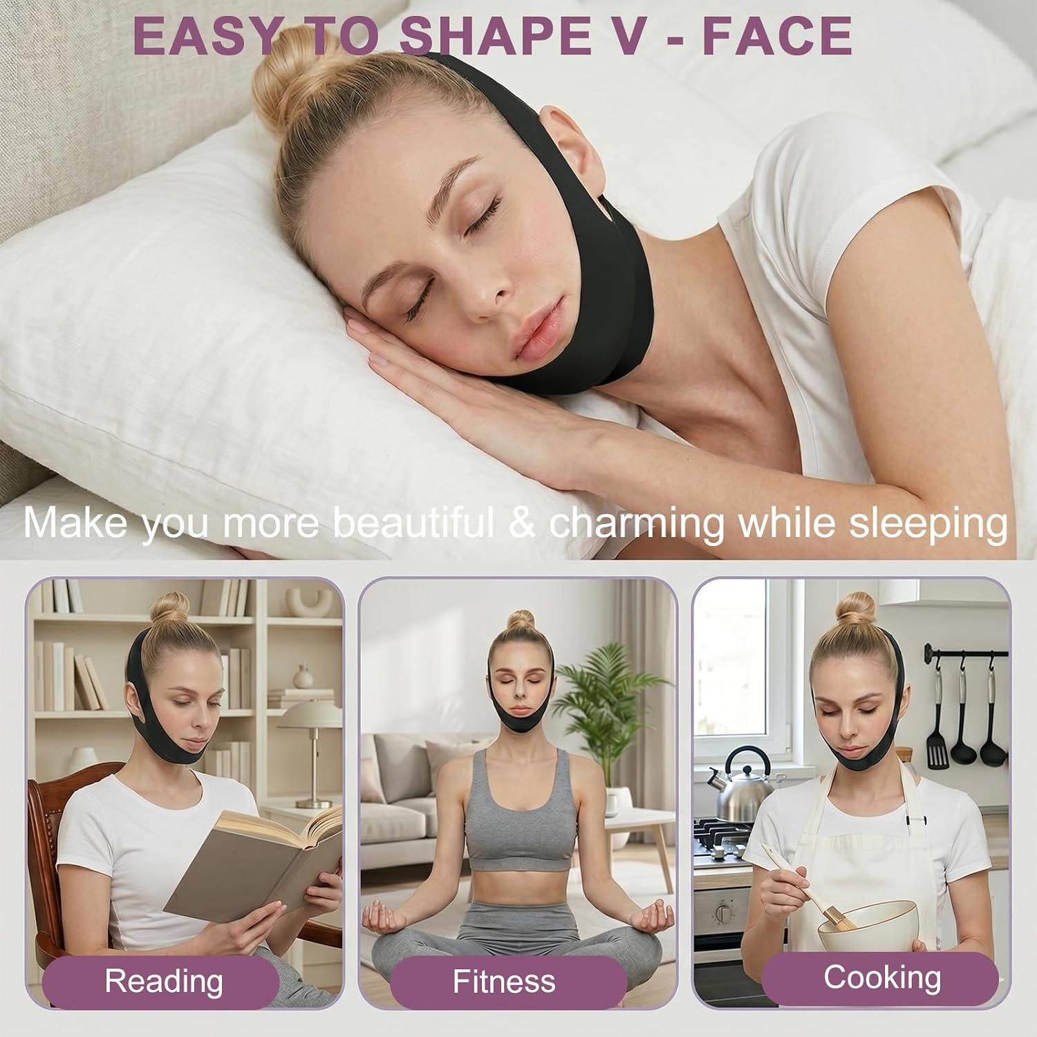 Jawline Shaper Chin Strap for Sleeping, Reusable V Line Mask for Women Face Lifting,Jaw Exerciser with Skin-Friendly Breathable Cooling Fabric, black