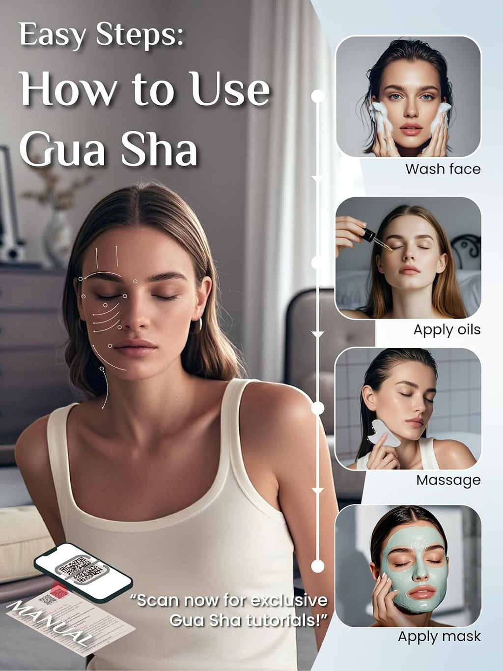 Rena Chris Gua Sha Facial Tools, Stainless Steel Guasha, Manual Back Massagers, Manual Massage Sticks for Jawline Sculpting and Puffiness Reducing, Facial and Body Massage Tool, Skin-Care Tool(Silver)